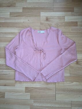 Elodie Pink Ribbed Tie-Front Long Sleeve Top